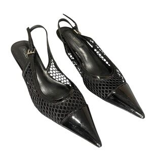 Tony Bianco Black Patent Pointed Mesh Slingback Heels, Size 8, Kitten heels